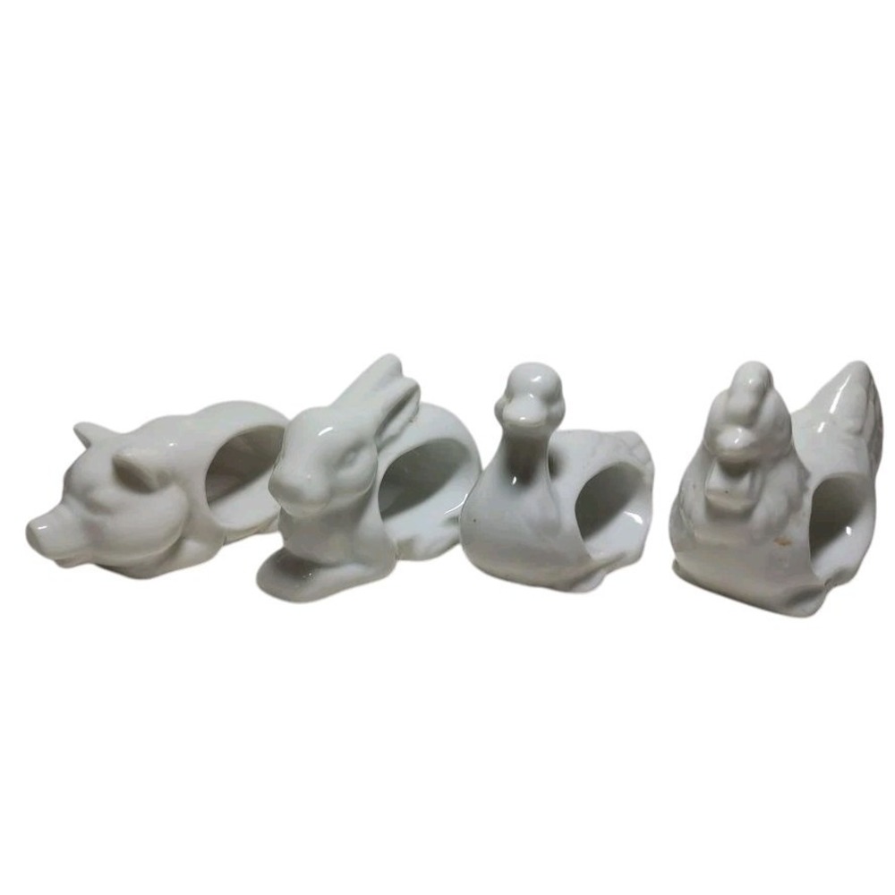 Vintage Animal Napkin Rings‎ White Porcelain Japan Duck Chicken Rabbit Pig Set